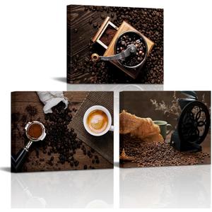 Sepwrol Vintage Coffee Theme Canvas Wall Art Brown Coffee Bean and Hand Grinder Coffee Machine Prints Printing Artwork for Kitchen Dining Room Cafe Bar Wall Decor 12"x16"x3