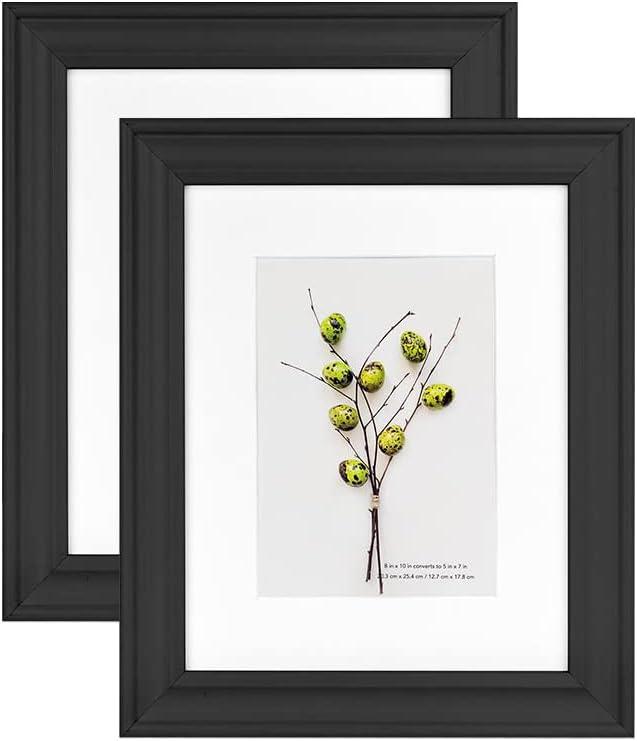 8x10 Picture Frames Black, 2 Pack, Display Picture 5x7 with Mat, Wooden Photo Frame for Table Top and Wall Mounting