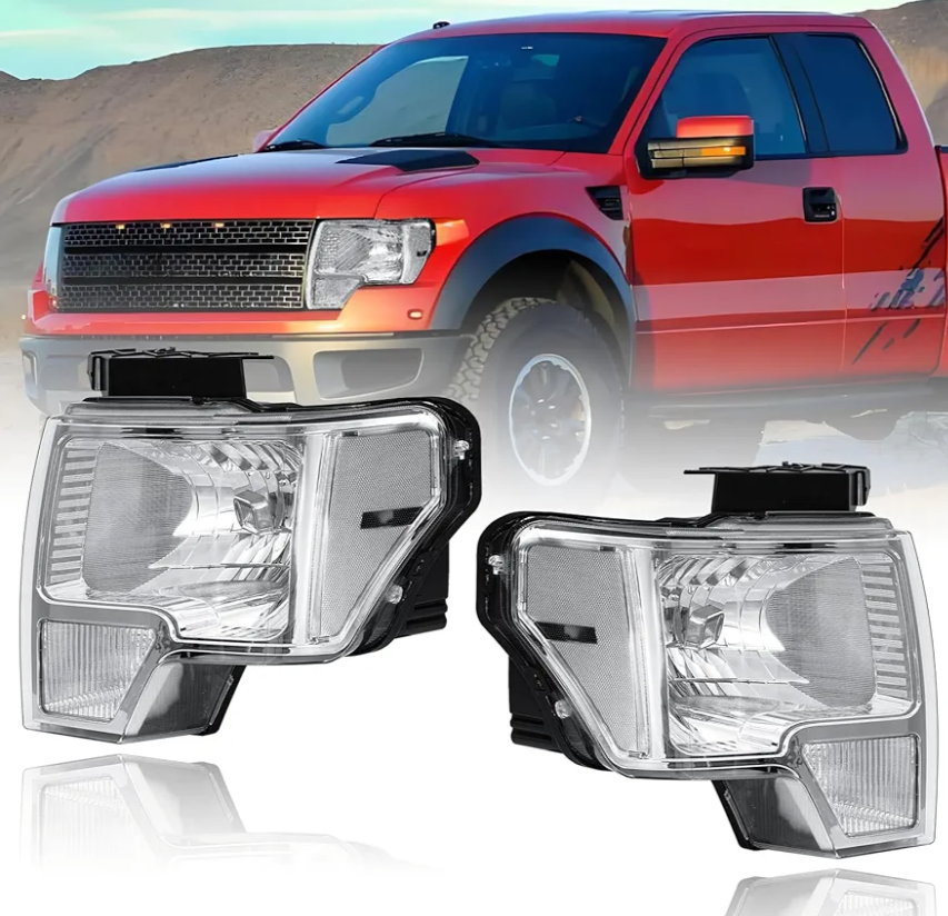 for Pickup 2009-2014 Ford F150 2009-2014 Headlights Assembly Compatible with F-150 2010 2011 2012 2013 Clear Reflector Chrome Housing