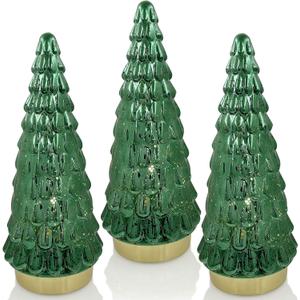 Green Mercury Glass Christmas Tree 3pcs, Tabletop Christmas Tree with Light, Battery Operated Mini Xmas Tree for Fireplace Centerpiece Decorations 10"