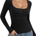 PINKMSTYLE Ribbed Square Neck Long Sleeve Top for Women Cute Y2K Fall Tops Trendy Going Out Tops (Black, M)