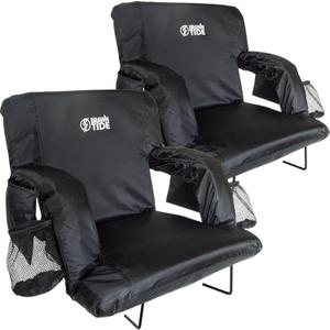 BRAWNTIDE Stadium Seat with Back Support - Comfy Cushion, Thick Padding, 2 Steel Bleacher Hooks, 4 Pockets, 2 Cup Holders, Reclining Back, Ideal Chair for Sport Events, Beaches, Camping, Concerts (Regular - Width 20.5 Inches, Black, 2 Pack)