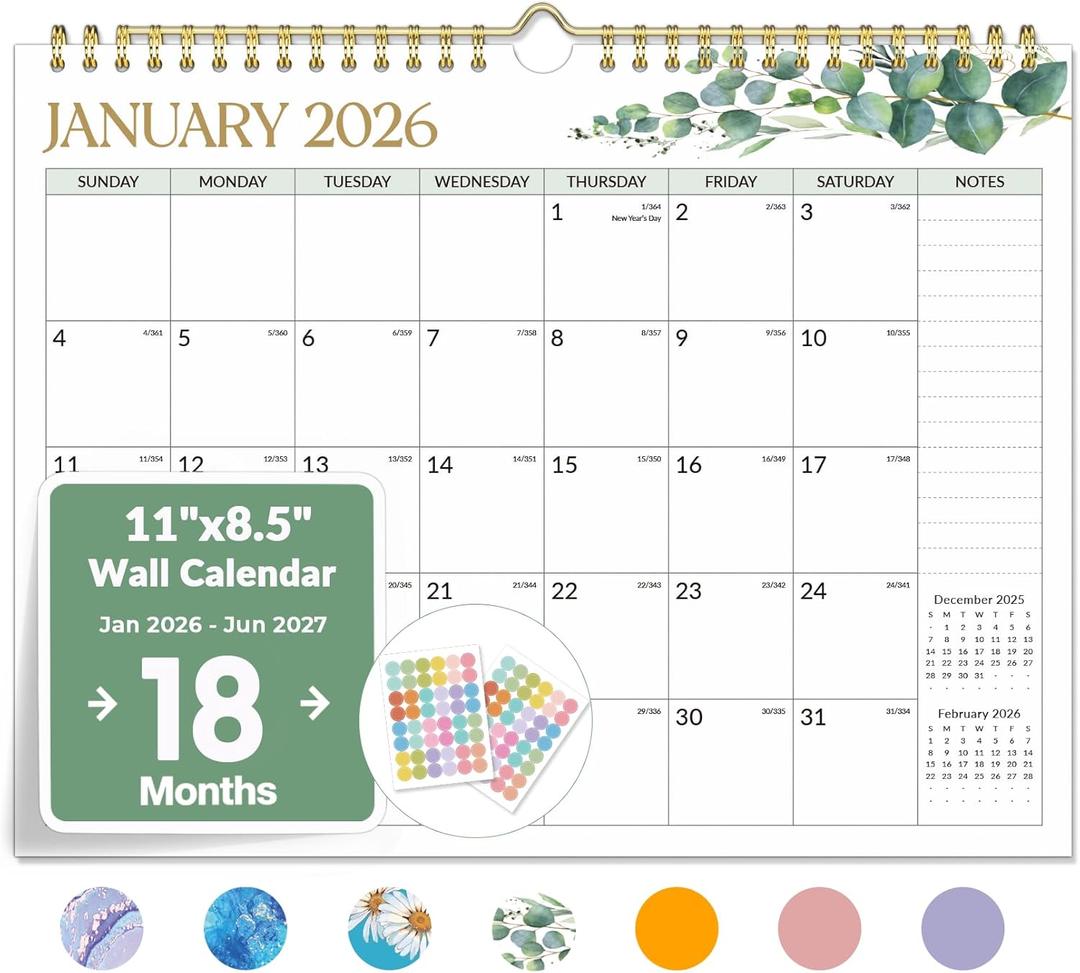 Forvencer 2026 Calendar, 18-Month Wall Calendar 2026, Jan 2026 to Jun 2027, 11" x 8.5" Monthly Planner Calendars with Note Pages & Stickers, Unruled Blocks, Spiral Binding Hanging for Home Office (Greenery)