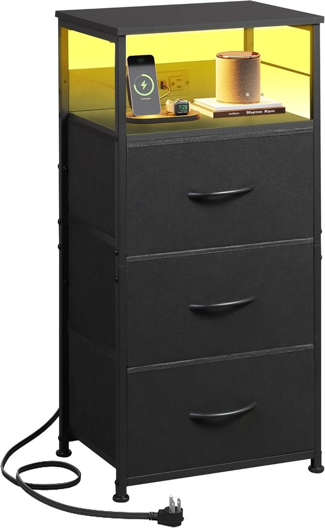 WLIVE LED Nightstand with Charging Station, Black Night Stand with 3 Fabric Drawers and Storage Shelf, Small Dresser for Small Space, 31.9" H Bedside Table with USB Ports and Outlets for Bedroom