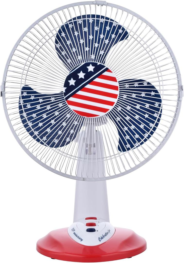 USA 250th Anniversary Celebration Fan, Hot Rod Design, 12 Oscillating Table Fan, 3 Speeds, 80 Wide Angle Oscillation, 35 Tilt Angle, Quiet Operation, ETL, Small