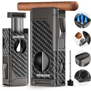 Cigar Lighter,4 Jet Flame Refillable Butane with V Cut Cigar Cutter,Cigar Punch,Cigar Holder and Cigar Draw Enhancer,5 in 1 Multifunctional Windproof Lighter-No Butane(Carbon Fiber)