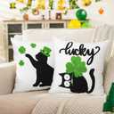 St Patricks Day Decorations, Set of 2 St Patricks Day Pillow Cover 18 x 18 Inch Saint Paddy's Black Cat Lucky Clover Decor, Embroidered Throw Pillow Cover Cushion Case for Bedroom Sofa Couch