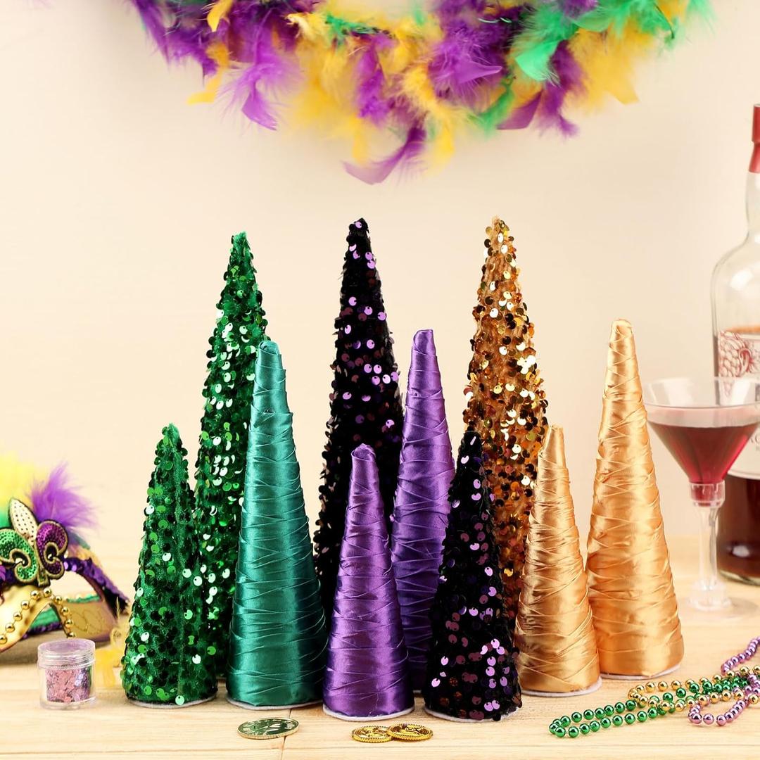Yuntau 10 Pcs 10" 8" 6" Mardi Gras Glitter Cone Tree Decorations Cone Tree Centerpiece Tabletop Ornaments Mardi Gras Table Centerpiece for Indoor Room Wedding Party Holiday Mantle Decoration