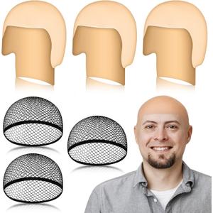 6 Pcs Bald Caps Makeup Latex Bald Head Wig Cap Cosplay Makeup Costume Accessories for Women Men, Beige and Black