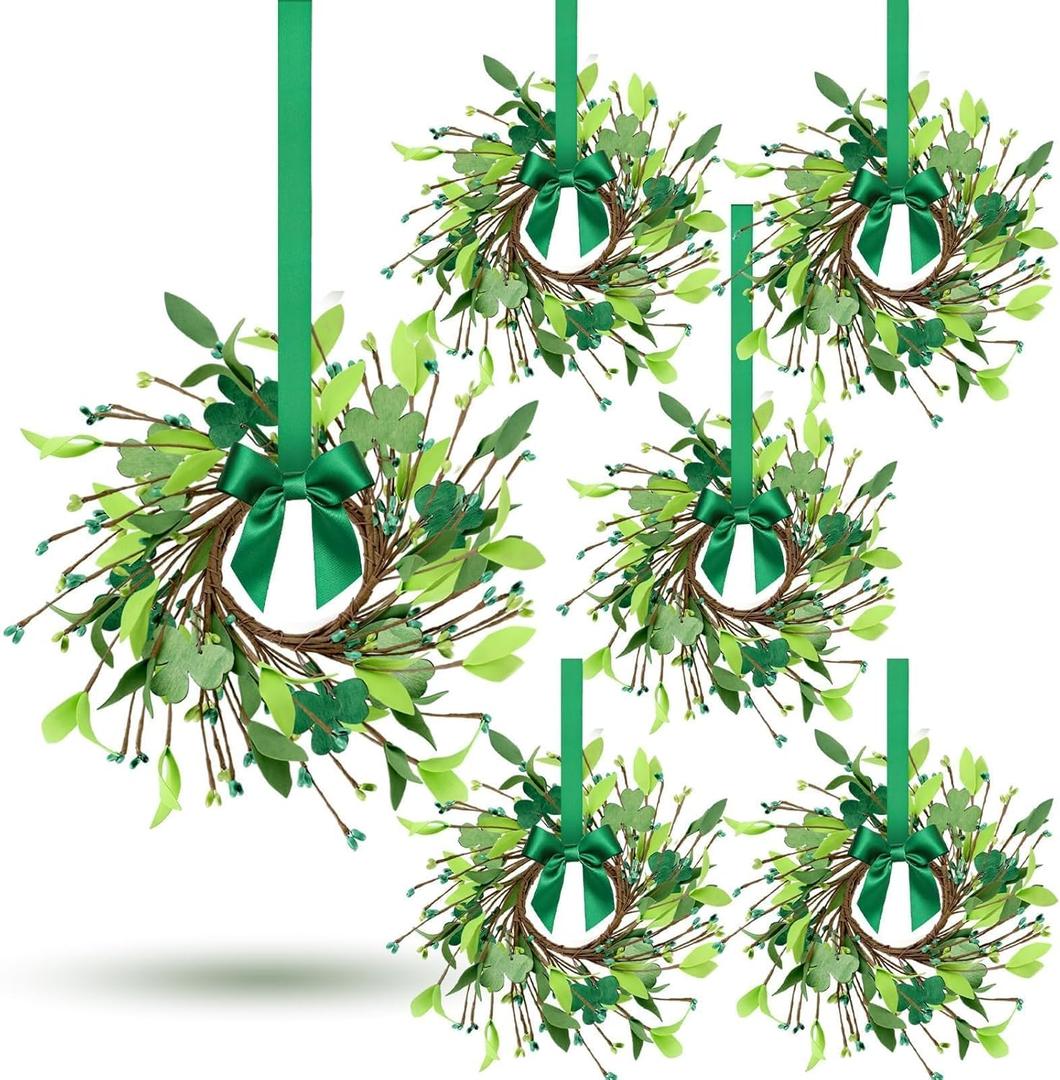 6Pcs St.Patrick's Day Shamrocks Candle Wreath Artificial Clover Rings Wreath Lucky Irish Kitchen Cabinet Wreaths Pillars Candle Wreaths for Front Door Porch Wall Window Decoration