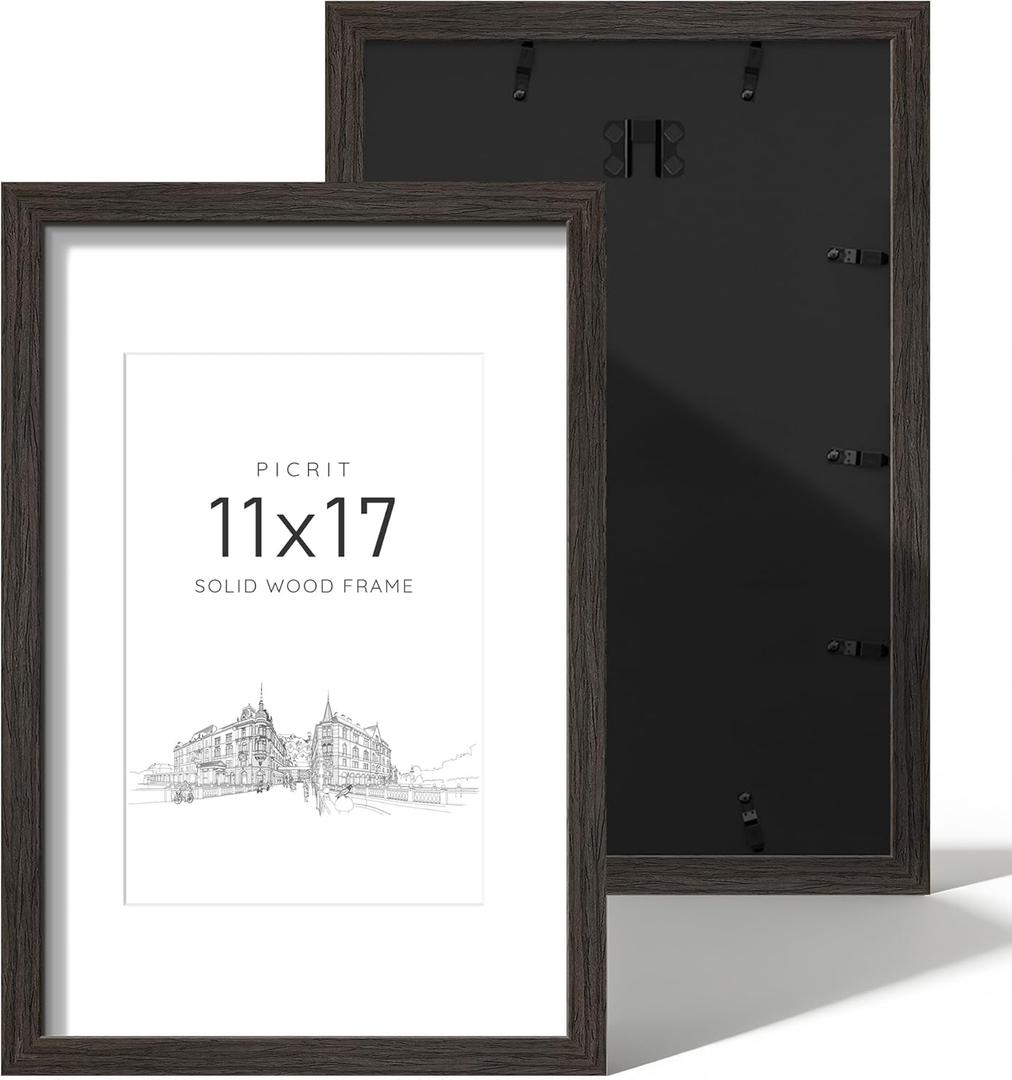 Picrit 11x17 Picture Frame Set of 2, Solid Wood with Black Backboard, Displays 8x12 with Mat or 11 x 17 Without Mat, Wall Mounted, Wall Gallery Photo Frames for Home Decor, Walnut Brown Wood Grain