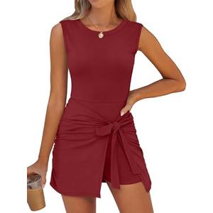 Caracilia Women Summer Sleeveless Bodycon Tie Cinched Waist Romper Skort Mini Dress Built in Shorts Night Out Vacation Dress, S