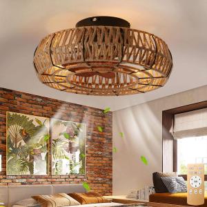 20" Caged Ceiling Fans with Lights and Remote, Boho Flush Mount Ceiling Fan with Light, Low Profile Chandelier 6 Speed Bladeless Reversible Ceiling Fan w/ 4 Bulbs. for Living Room Bedroom.