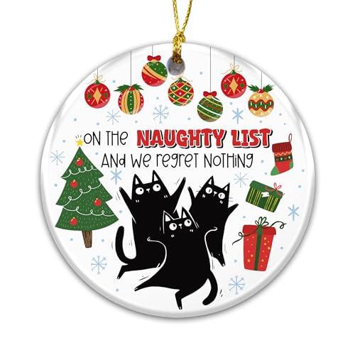 Funny Black Cat Christmas Ornament 2025 – “On The Naughty List and We Regret Nothing” Ceramic Holiday Ornament – Cute Cat Lover Gift, Naughty Pet Christmas Tree Decoration, Stocking Stuffer