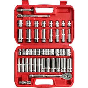 EACELIY 44pcs 3/8" Drive Impact Socket Set,Drive Master Socket Set,SAE/Metric, Deep & Shallow with 3/8" Drive Head Ratchet,Universal Joint,Extension bar (3 & 6),6 Point,CR-V SteelMirror Chrome