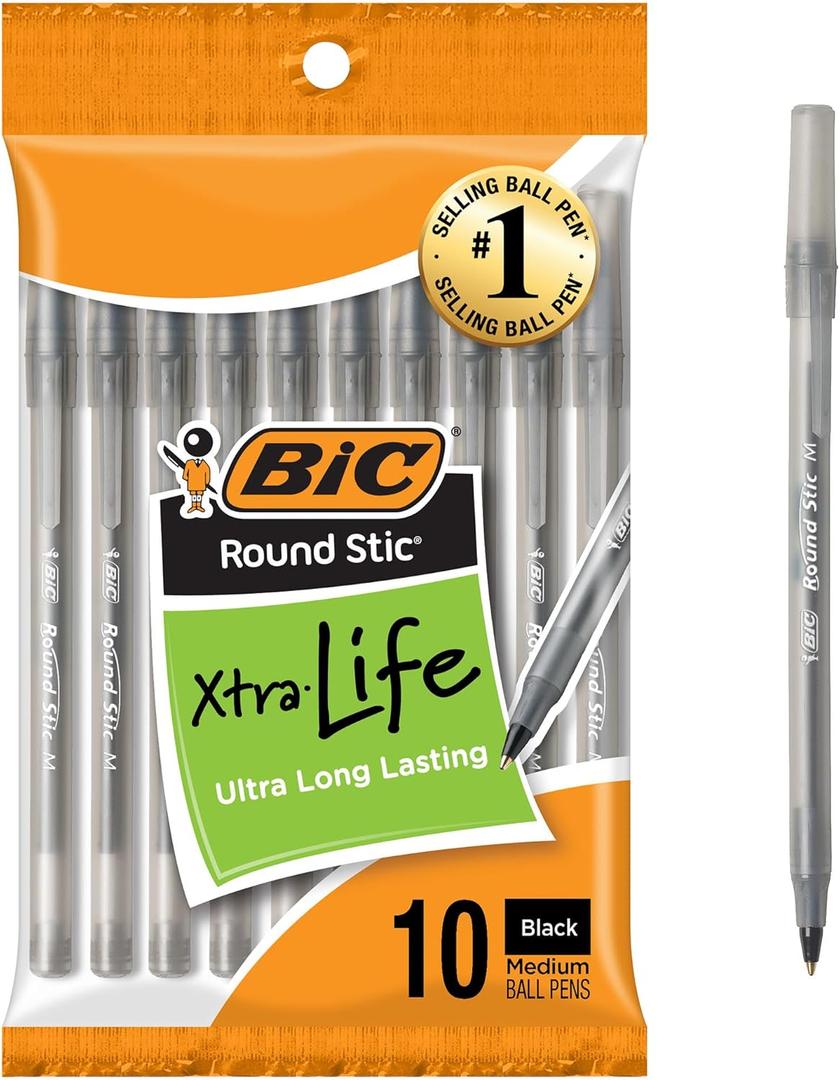 5 x BIC Round Stic Xtra Life Black Ballpoint Pens, Medium Point (1.0mm), 10-Count Pack of Bulk Pens, Flexible Round Barrel for Writing Comfort, No. 1 Selling Ballpoint Pens