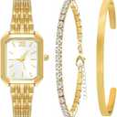 NEWITIN 3 Pieces Women Gold Watch Bracelets Set Fashion Costume Jewelry Stainless Steel Gold Plated Square Wristwatch Diamond Bangle Bracelet Watch Jewelry Set for Women