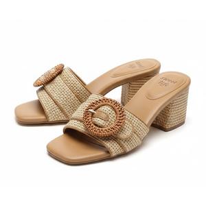 Heeled Sandals for Women Raffia Sandals 2025 Chunky Block Heels Square Open Toe Heels Double Strap Summer Dressy Shoes Slip On Size 6
