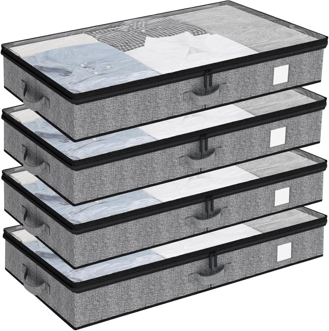 Fixwal 4 Pack Underbed Storage Containers, Below 4.5 Inches Low Profile Under Bed Organizer Clothes Storage Bins with Sturdy Sidewalls and Bottom