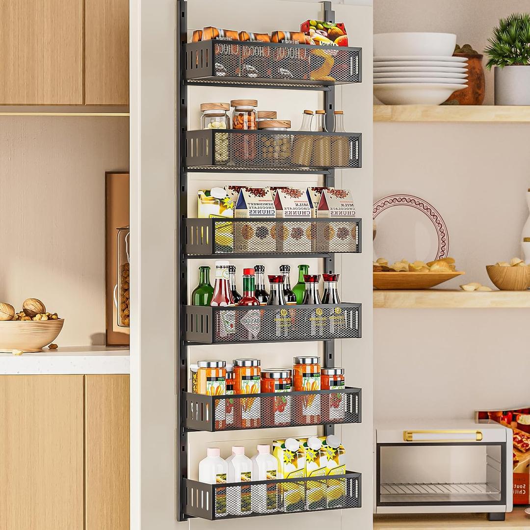 6-Tier Over The Door Pantry Organizer with Mesh Baskets, Adjustable & Stable Hanging Spice Rack for Kitchen, Bathroom, Bedroom, and Baby Essentials Storage (16" W 6-Tiers, Black)