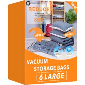 GONGSHI Vacuum Storage Bags, Space Saver Seal Bags For Clothing, Travel Luggage,Blankets, Comforters, Pillows, Clothes Storage.6 Large