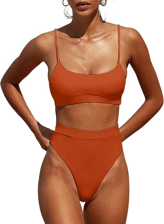 MELYUM High Waisted Bikini Sets for Women Two Piece Swimsuit Tummy Control Bathing Suit Cheeky Bottoms Push Up Top (Small,  Reddish Brown )