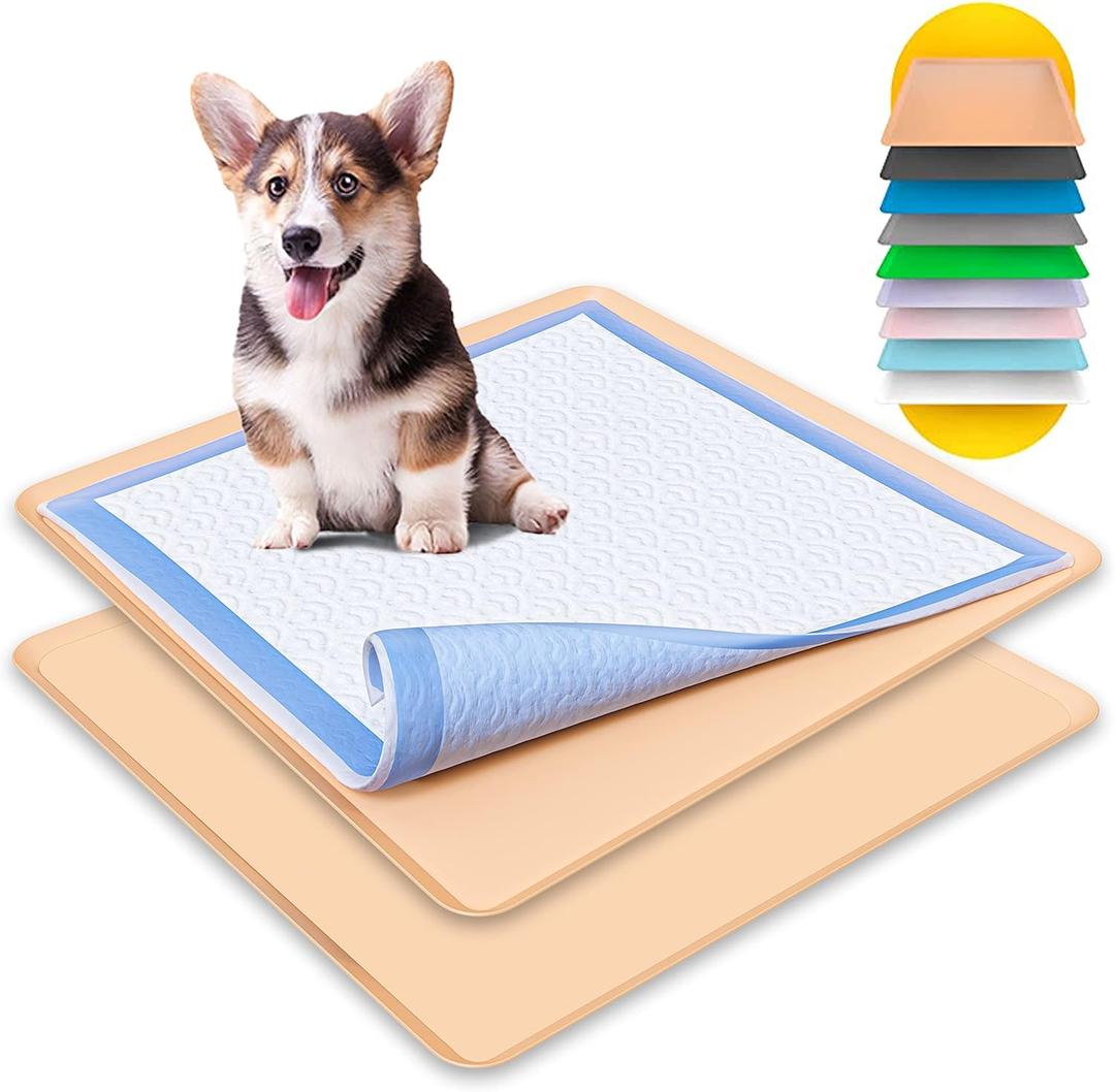 Skywin TidyFriend Pee Pad Holder Tray 24 x 24 Inches, 2 Pack Silicone Dog Potty Tray, Easy to Clean No Spill Dog Potty Training Pad Holder (Beige)