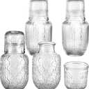 4 Sets Vintage Bedside Water Carafe and Glass Set, Embossed Clear Glass Night Water Carafe With Tumbler Glasses, Decorative Pitcher & Cup for Bedroom Bathroom Office