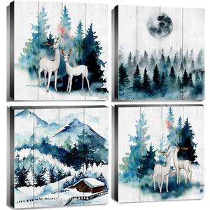 Abstract Christmas Forest Wall Art Snowy Mountain Wall Decor Rustic Deer Barn Painting for Bedroom Winter Moon Foggy Pine Trees Elk Picture Farmhouse Artwork Bathroom Home Decoration 12x12" 4Pcs