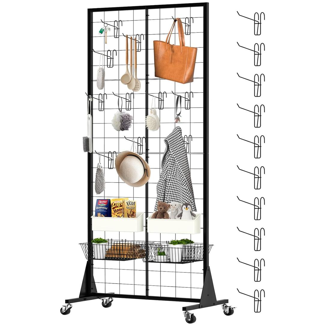 2'x5.5' Ft Gridwall Panel Display Stands Heavy Duty Floor Standing Retail Display Rack with Triangle Base for Retail Art Show With 10 Hooks, Black