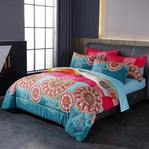 Bohemian Bed in a Bag 7 Pieces Full Size, Colorful Boho Style Red And Blue Printed, Reversible Comforter Set (1 Comforter, 1 Flat Sheet, 1 Fitted Sheet, 2 Pillow Shams, 2 Pillowcases) (Full, A)