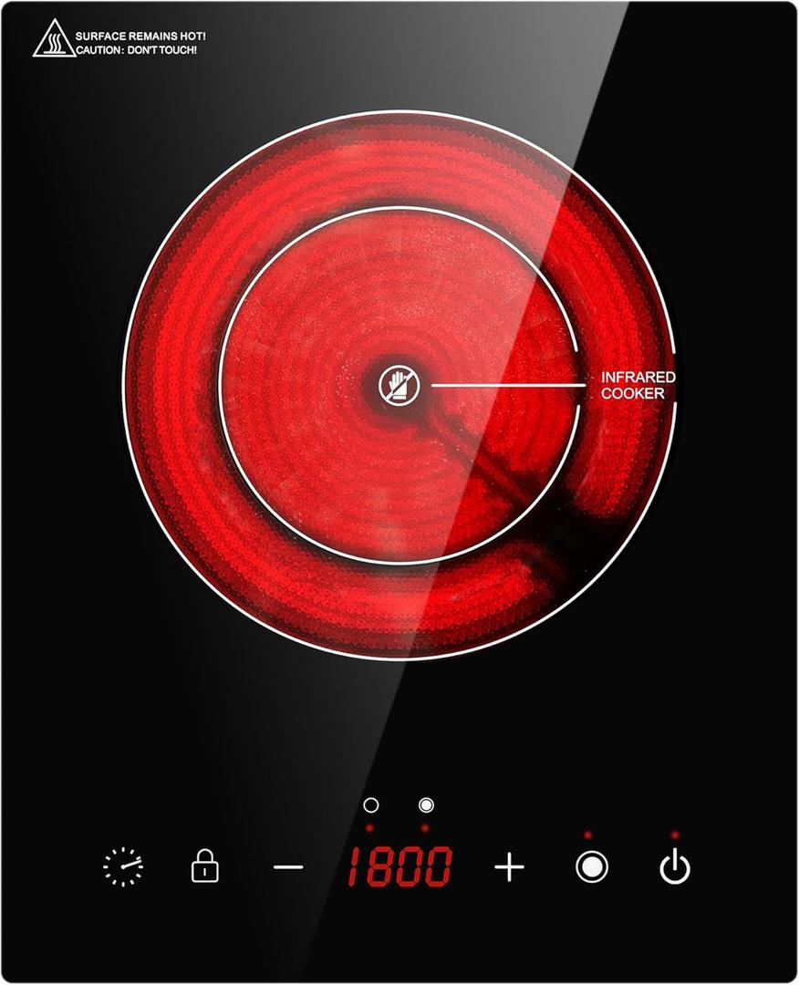 Dual Coils Design of Single Burner Electric Cooktop, 1800W Infrared Ceramic Hot Plate for Cooking, Portable Countertop or Built-in Radiant Stove Top Cooker, Compatible with All Cookware