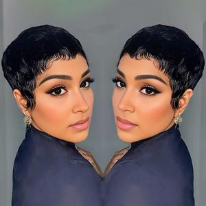 Pixie Cut Wig Human Hair Short Straight Bob Wig for Black Women 100% Brazilian Human Hair Full Machine Made Wigs Natural Black Color 1B#