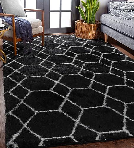 ONASAR Area Rugs for Bedroom Living Room, Fluffy 4x6 Black and White Rug, Geometric Shaggy Plush Bedside Indoor Floor Carpet for Nursery Kids Teens Girls Boys Dorm Home Office Decor