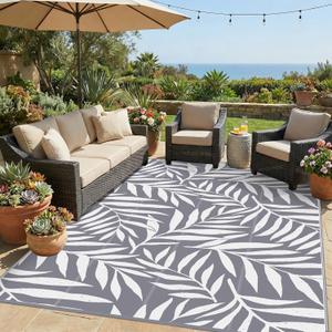 Smiry Outdoor Rug 8x10 ft Waterproof Reversible Leaf Mat, Grey & White