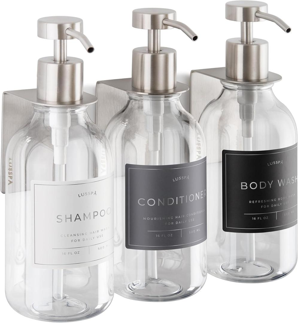 Shower Shampoo Dispenser Wall Mounted 3 Refillable 16.9 oz Clear Bottles with Stainless Steel Pumps & No-Drill Adhesive Holders Soap Dispenser Set for Bathroom (3 X Clear/Silver)