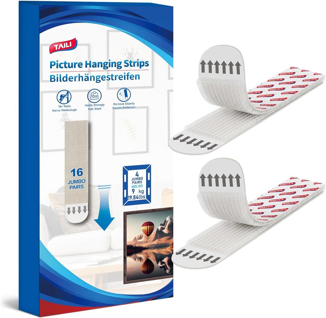 TAILI Picture Hanging Strips Heavy Duty, Extra Large 16 Pairs (32 Strips) Frame Hangers for Walls, Pictures Kit Without Nail, Damage Free Adhesive Poster Decor, Art, Mirror TAILI Picture Hanging Strips Heavy Duty, Extra Large 16 Pairs (32 Strips) Frame Hangers for Walls, Pictures Kit Without Nail, Damage Free Adhesive Poster Decor, Art, Mirror