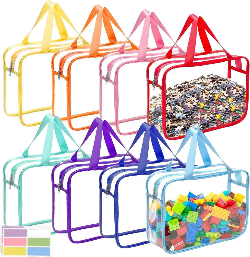 8 Packs 8 Colors Large Toy Storage Bags with Zipper and Labels, Clear PVC Waterproof Toy Organizers Bags for Board Games, Puzzles Pieces, Building Blocks, Handmade Accessories, Kid Books (Multicolor), 12"L x 4"W x 8.7"H