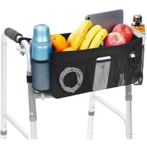 Upgrade Walker Basket with Cup Holder, Foldable Walker Storage Bag for Seniors with Big Capacity & Never Tipping Over, Best Gift for Family (Black)