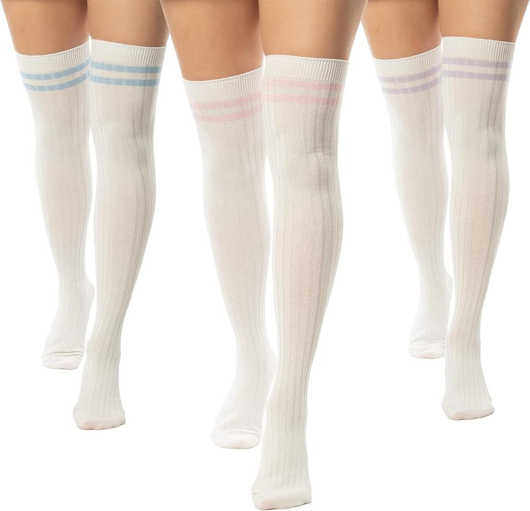Thigh-High Socks | Womens Striped Cotton Thigh High Tube Sock | Over Knee Boot Socks (5-11, White W Pastel Stripes)