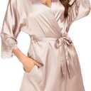 Ekouaer Womens Silk Robe Short Lace Trim Satin Robe 3/4 Sleeve Sexy Kimono Bride Bathrobe Comfy Sleepwear with Pockets (Large, Champagne)