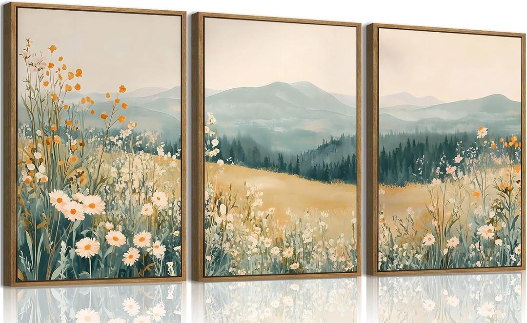 KISSFOX 3 Piece Framed Wall Art Floral Wall Decor Landscape Pictures Mountain Canvas Art Daisy Wildflower Paintings Modern Farmhouse Artwork For Bedroom Bathroom Living Room, 16x24 In Natural Framed