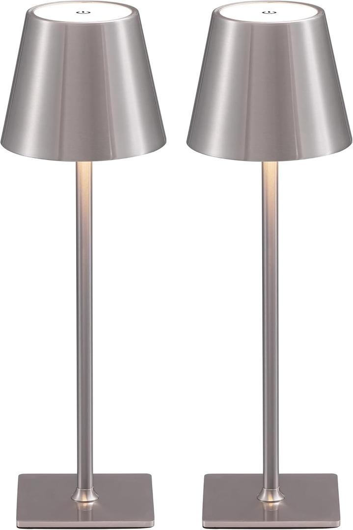 KDG 2 Pack Cordless Table Lamp, Portable LED Desk Lamp, 4000mAh Battery Operated, 3 Color Stepless Dimming Up, for Restaurant/Bedroom/Bars/Outdoor Party/Camping/Coffee Shop Night Light(Brushed Nickel)