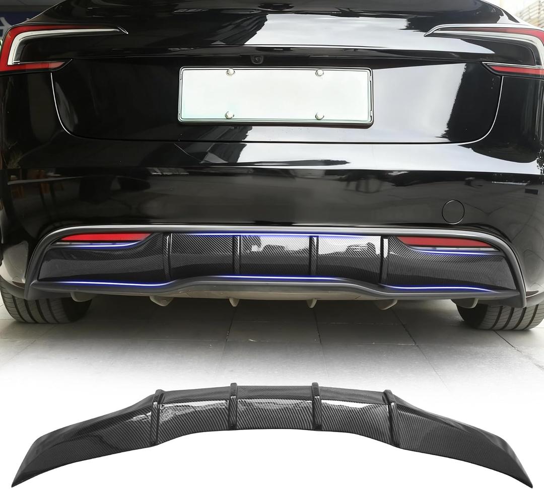 Rear Diffuser for Tesla Model 3 2024-2025 Highland  No Drilling. This Rear Bumper molding Protector Lip is Made from PP Material with (Glossy Carbon Fiber)