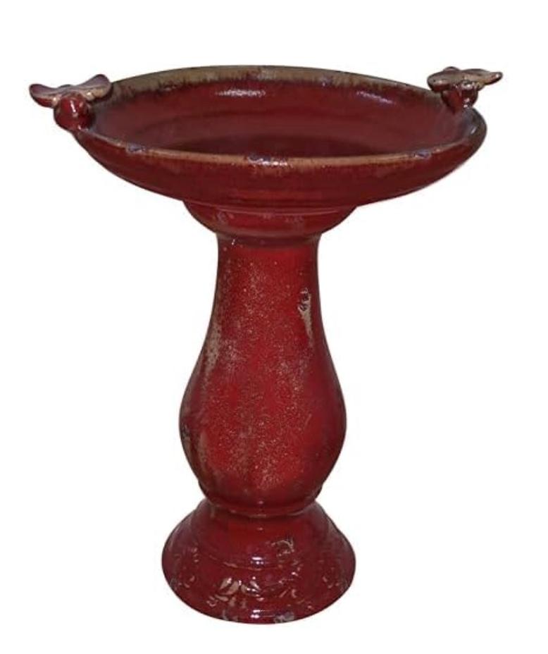 Alpine Corporation 25" Tall Outdoor Ceramic Antique Pedestal Birdbath Bundle with Red Bird Figurines