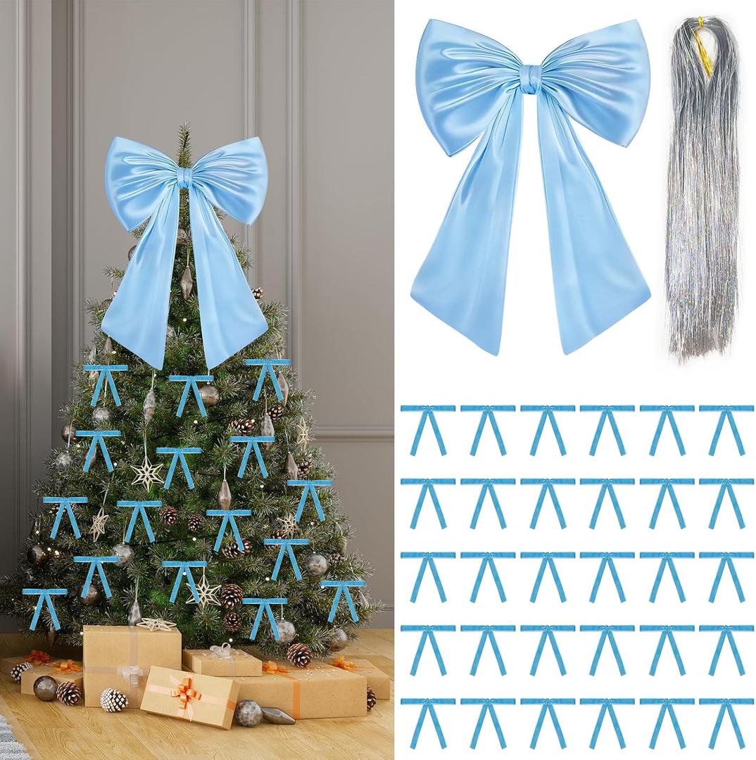 17x23 Inch Large Blue Bow for Christmas Tree Topper Christmas Tree Decoration Set: 24 Small Velvet Bows, 1 Pcs Big Tree Topper Bow, 3000 Strands of Tinsel Icicles for Holiday Decor (Blue)