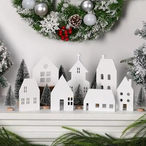 Amyhill 16 Pcs White Christmas Village Set with Cedar Pine Decor Wooden House Blocks Christmas Town Village Decor for Tiered Tray Decoration Fireplace Mantel Holiday Window Table Centerpieces