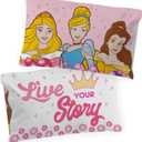 Jay Franco Disney Princess Live Your Story Glow in The Dark 2 Pack Reversible Pillowcases Features Princess Aurora, Belle, & Cinderella - Double-Sided Kids Super Soft Bedding