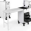 Portable Manicure Table 3 Drawers, Rolling Lockable Makeup Train Case with Blueteeth Speaker and Nail Polish Organizer, Foldable Nail Desk with Mirror & TSA Lock for Nail Tech and Salon Use, 52 x 15.4 x 27.3 inches
