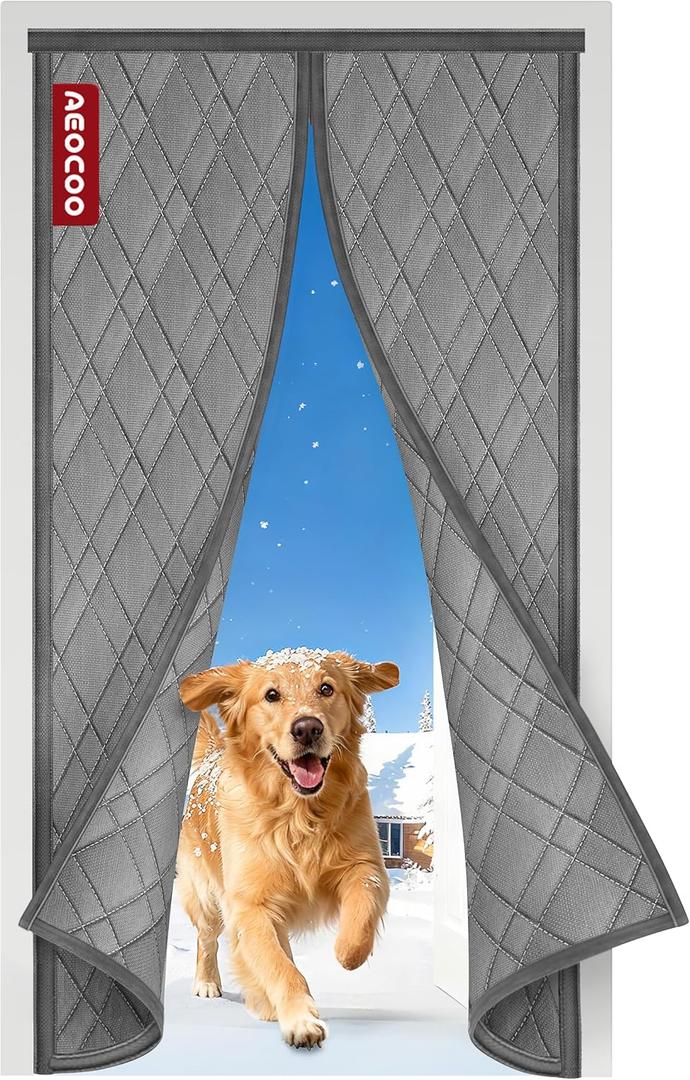 Insulated Door Curtains, Fit Size up to 36 x 80 Inches for Doorways/Front/Back/Basement, Magnetic Thermal Door Cover for Winter, Oxford Filled with Thick Cotton to Keep Warm, Grey, Diamond (Gray)